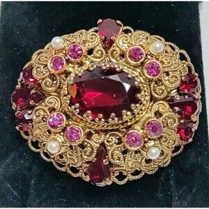 West Germany Red Pink White Gold Tone Brooch 2.5" X 2"